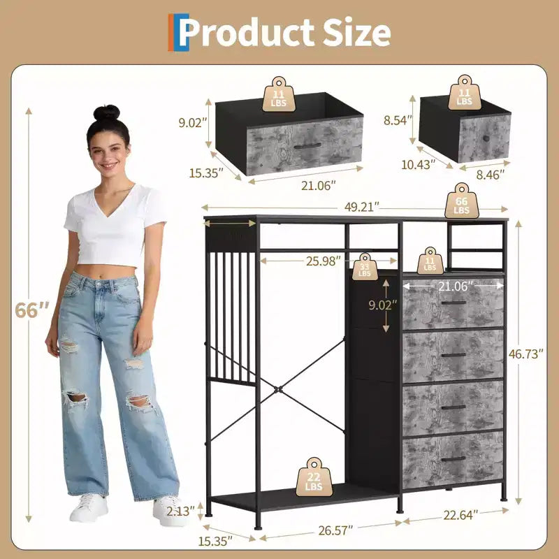 Commode à 6 tiroirs avec penderie, commode avec station de charge et lumières LED, commodes pour enfants avec porte-chaussures, commode pour chambre à coucher
