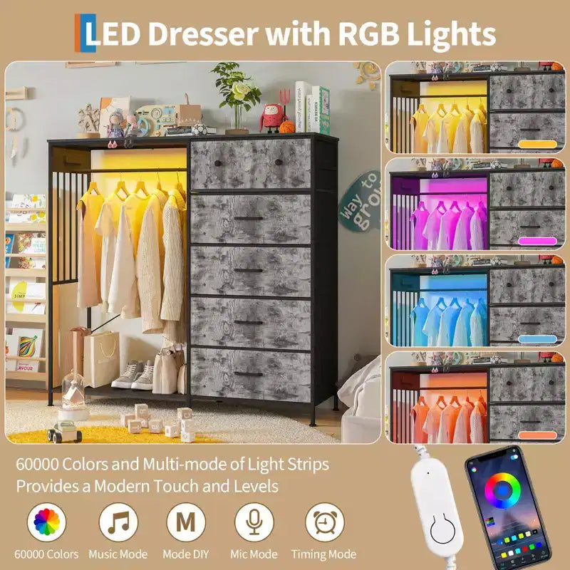 Commode à 6 tiroirs avec penderie, commode avec station de charge et lumières LED, commodes pour enfants avec porte-chaussures, commode pour chambre à coucher