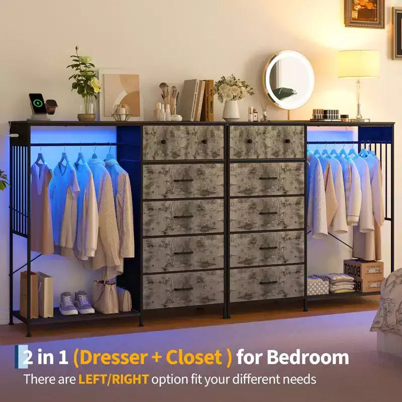 Commode à 6 tiroirs avec penderie, commode avec station de charge et lumières LED, commodes pour enfants avec porte-chaussures, commode pour chambre à coucher