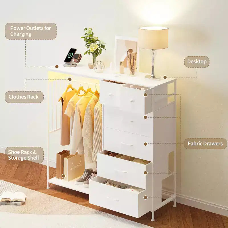 Commode à 6 tiroirs avec penderie, commode avec station de charge et lumières LED, commodes pour enfants avec porte-chaussures, commode pour chambre à coucher