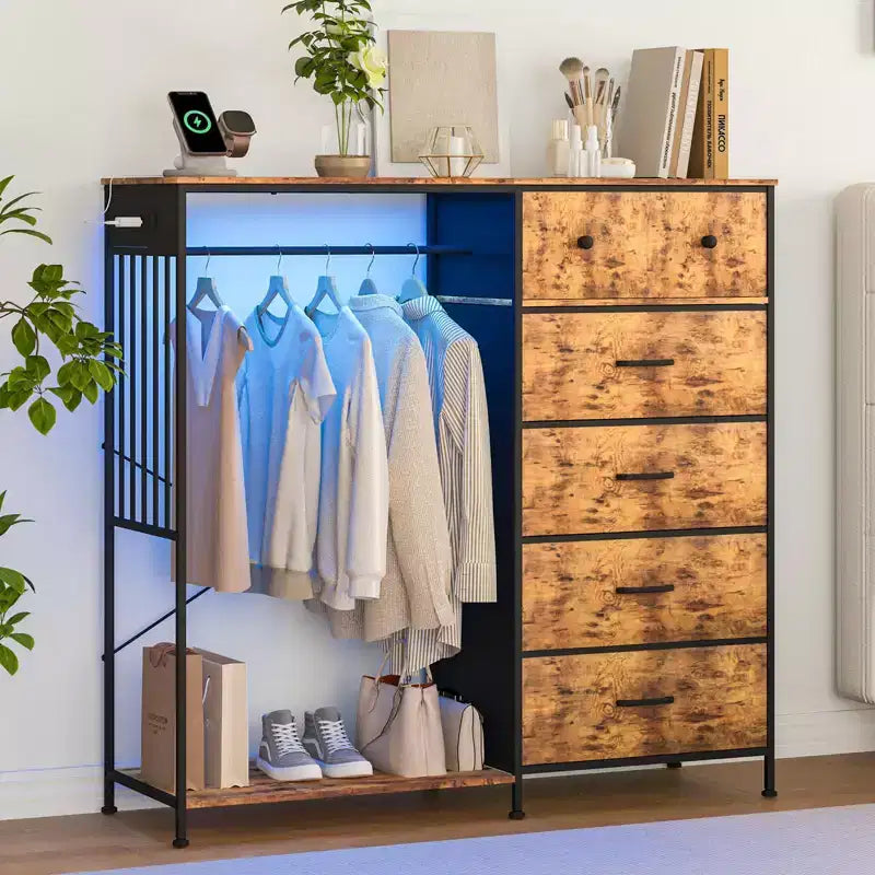 Commode à 6 tiroirs avec penderie, commode avec station de charge et lumières LED, commodes pour enfants avec porte-chaussures, commode pour chambre à coucher