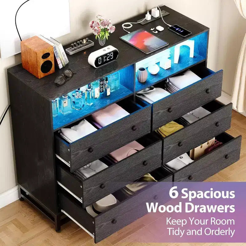 Commode de chambre à 6 tiroirs en bois avec étagères ouvertes, 120 cm de large, station de charge