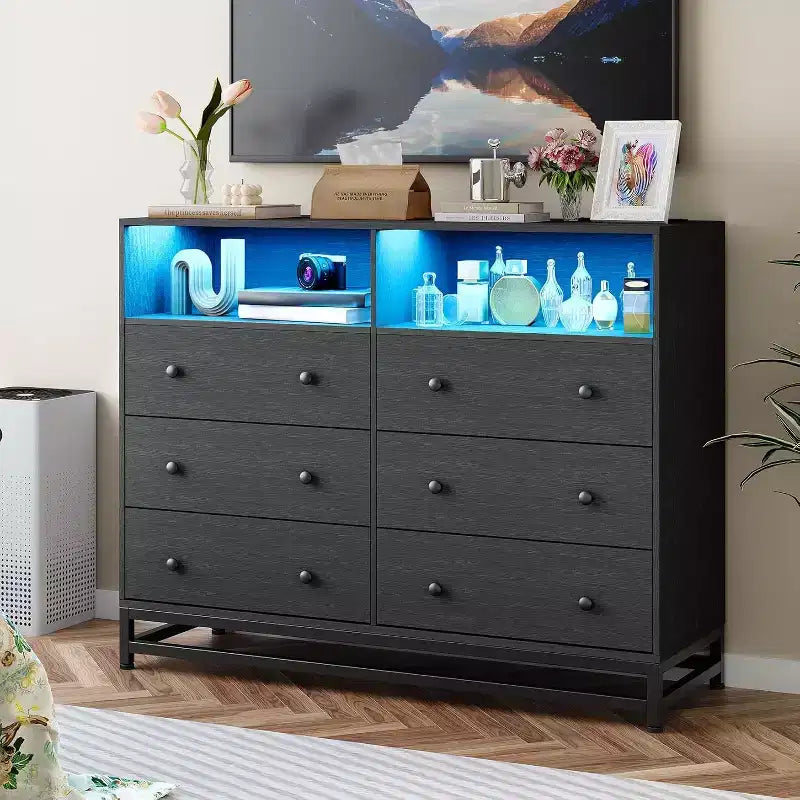 Commode de chambre à 6 tiroirs en bois avec étagères ouvertes, 120 cm de large, station de charge