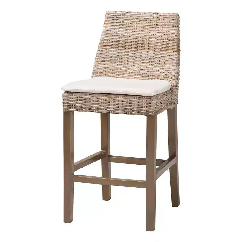 Tabouret de bar hauteur comptoir en rotin et bois d'acajou, gris Kubu/taupe rustique
