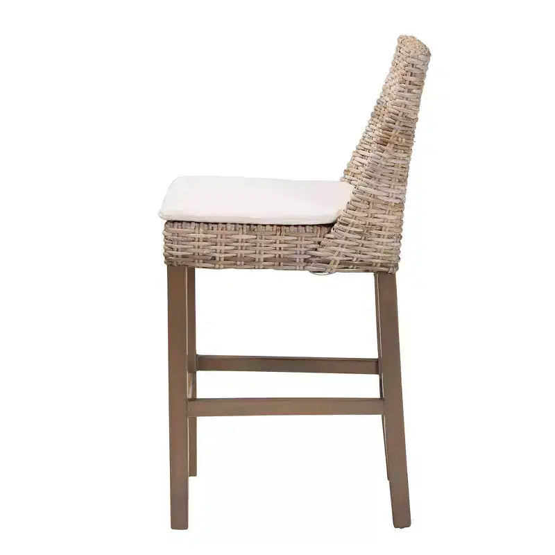 Tabouret de bar hauteur comptoir en rotin et bois d'acajou, gris Kubu/taupe rustique