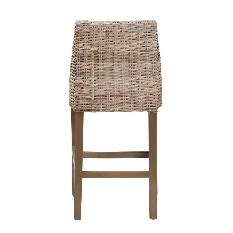 Tabouret de bar hauteur comptoir en rotin et bois d'acajou, gris Kubu/taupe rustique