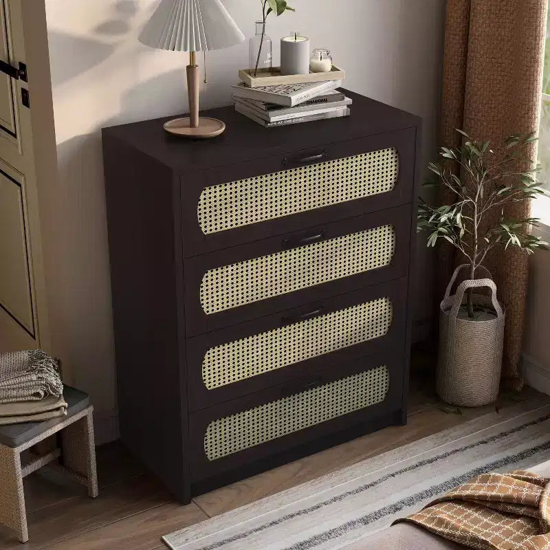 Commode à 4 tiroirs en faux rotin tissé de transition, Espresso - Style bohème
