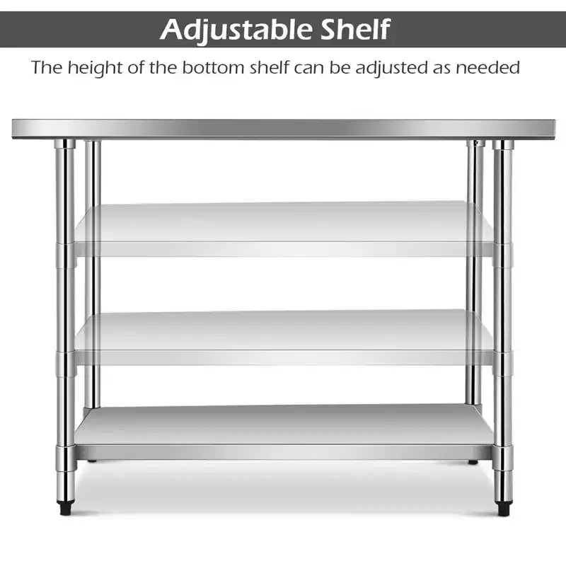 Table en acier inoxydable avec étagères supérieures, table de travail de 122 cm x 61 cm avec étagère de 122 cm x 30,5 cm