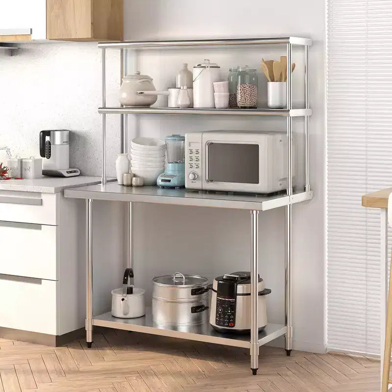 Table en acier inoxydable avec étagères supérieures, table de travail de 122 cm x 61 cm avec étagère de 122 cm x 30,5 cm