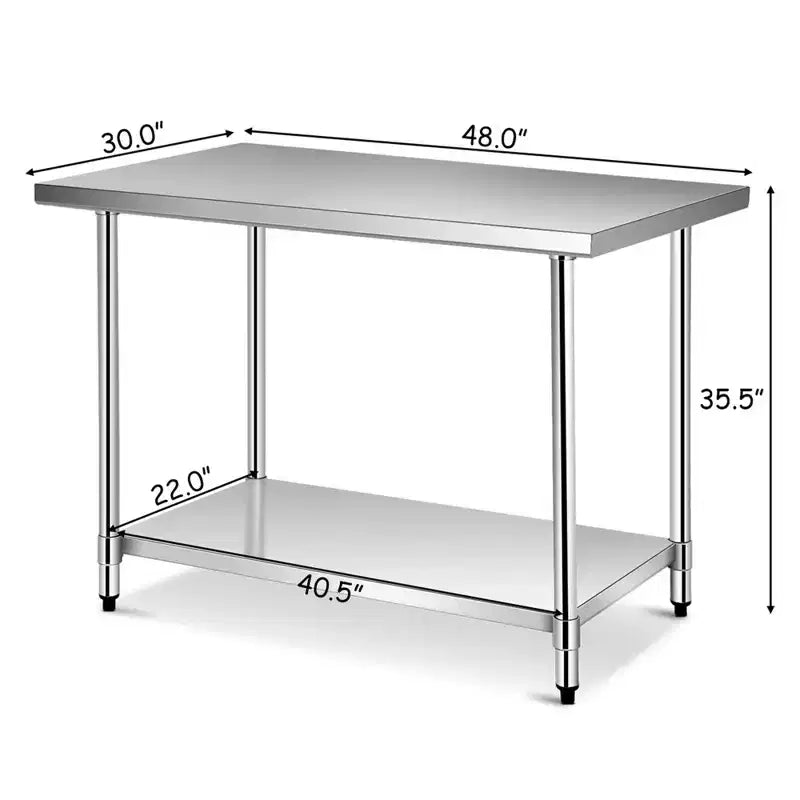 Table en acier inoxydable avec étagères supérieures, table de travail de 122 cm x 61 cm avec étagère de 122 cm x 30,5 cm