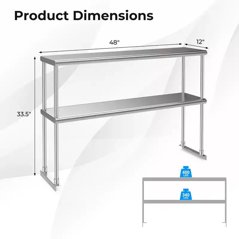 Table en acier inoxydable avec étagères supérieures, table de travail de 122 cm x 61 cm avec étagère de 122 cm x 30,5 cm