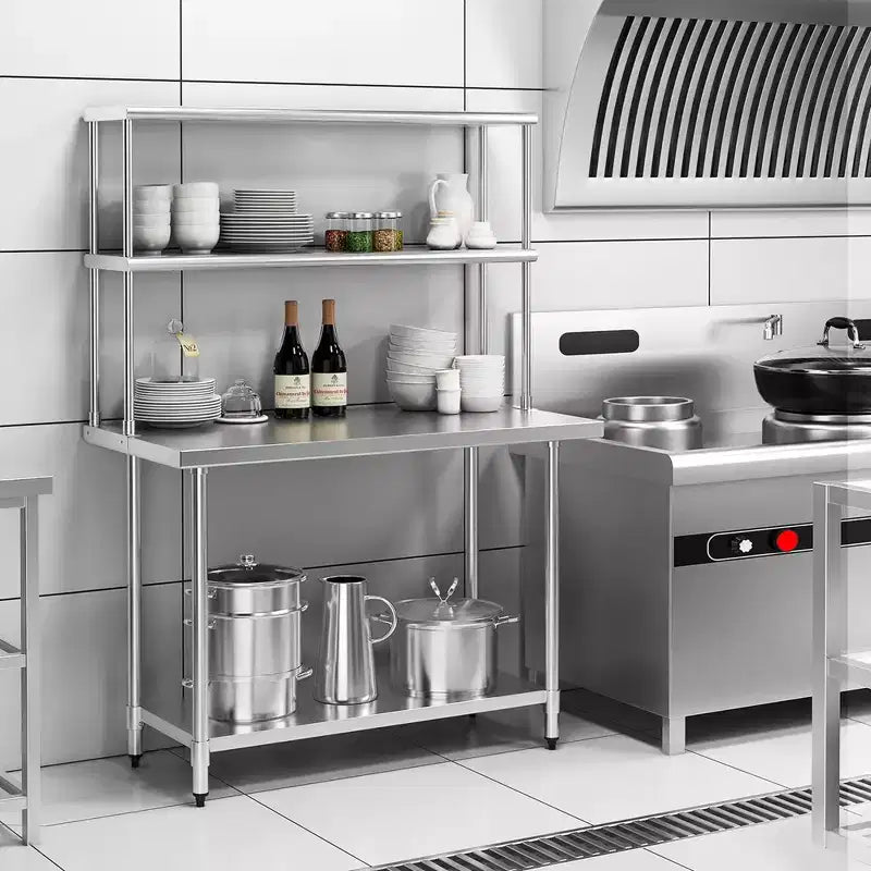 Table en acier inoxydable avec étagères supérieures, table de travail de 122 cm x 61 cm avec étagère de 122 cm x 30,5 cm