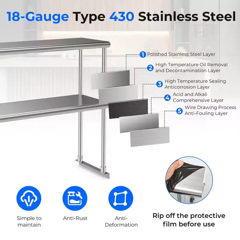 Table en acier inoxydable avec étagères supérieures, table de travail de 122 cm x 61 cm avec étagère de 122 cm x 30,5 cm