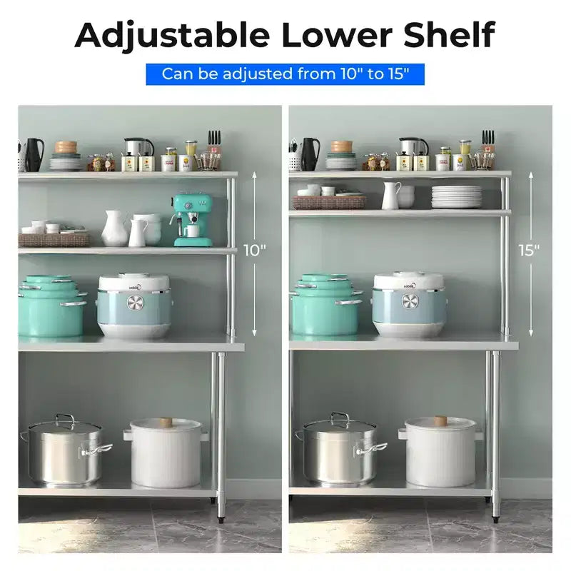 Table en acier inoxydable avec étagères supérieures, table de travail de 122 cm x 61 cm avec étagère de 122 cm x 30,5 cm