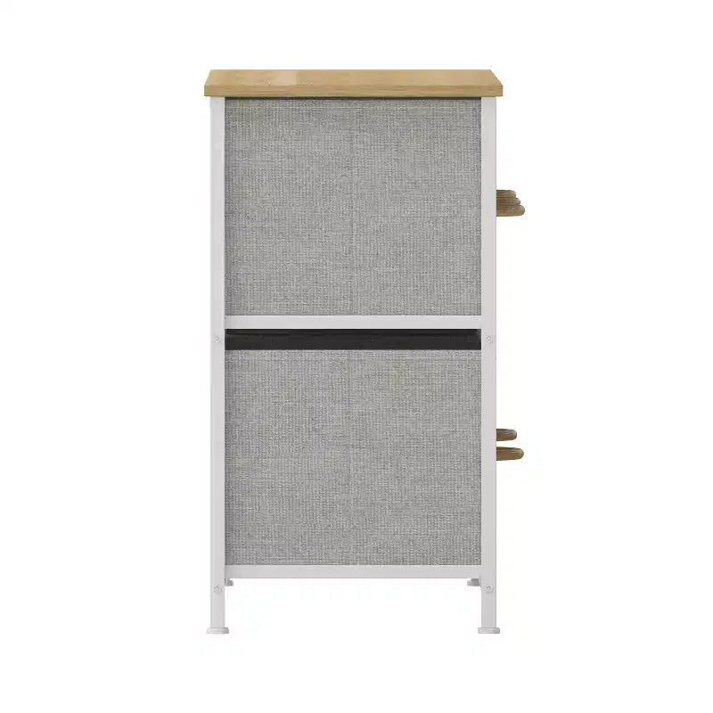 Commode de rangement à 5 tiroirs avec cadre en fonte, plateau en bois et tiroirs en tissu faciles à tirer avec poignées en bois