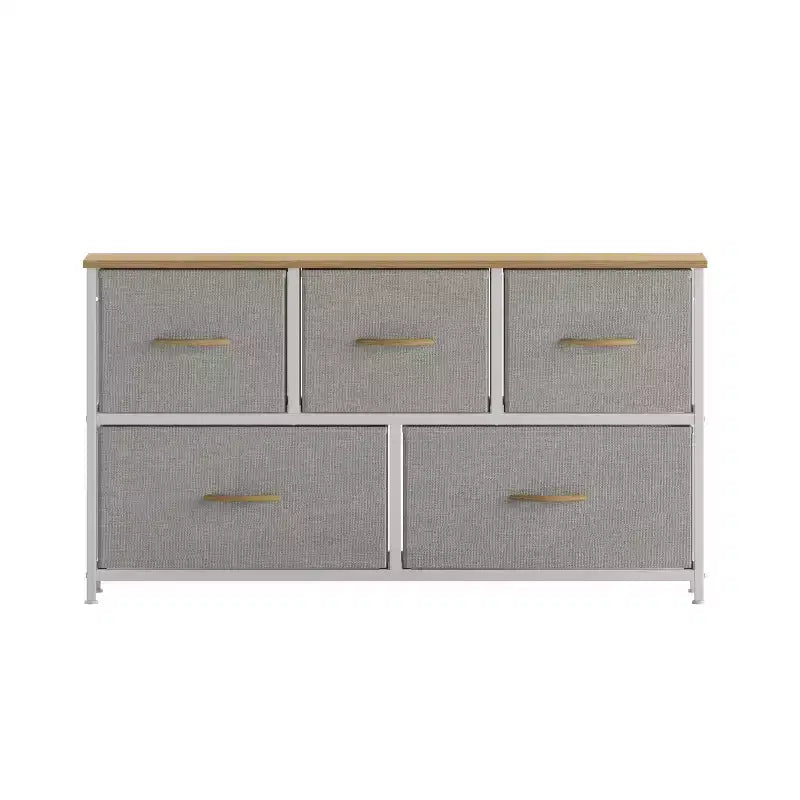 Commode de rangement à 5 tiroirs avec cadre en fonte, plateau en bois et tiroirs en tissu faciles à tirer avec poignées en bois