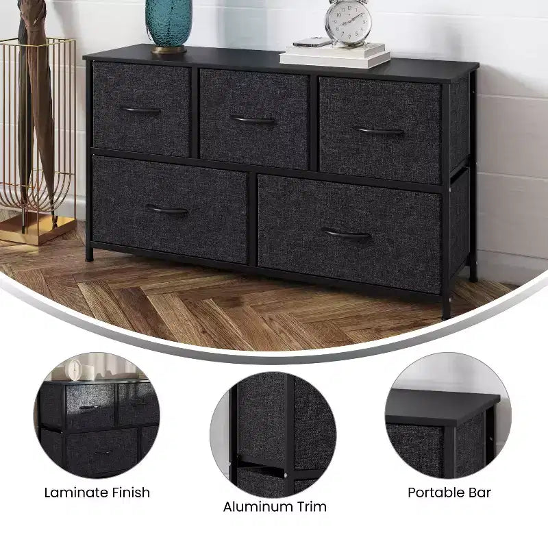 Commode de rangement à 5 tiroirs avec cadre en fonte, plateau en bois et tiroirs en tissu faciles à tirer avec poignées en bois