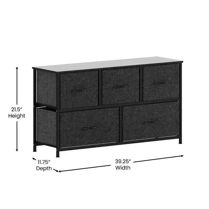 Commode de rangement à 5 tiroirs avec cadre en fonte, plateau en bois et tiroirs en tissu faciles à tirer avec poignées en bois