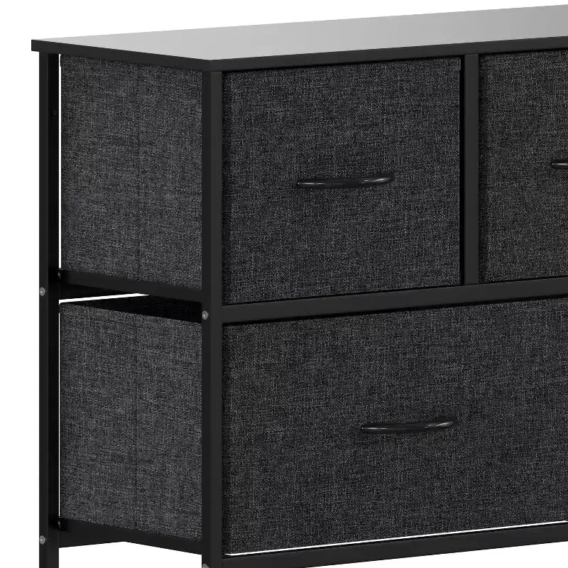 Commode de rangement à 5 tiroirs avec cadre en fonte, plateau en bois et tiroirs en tissu faciles à tirer avec poignées en bois