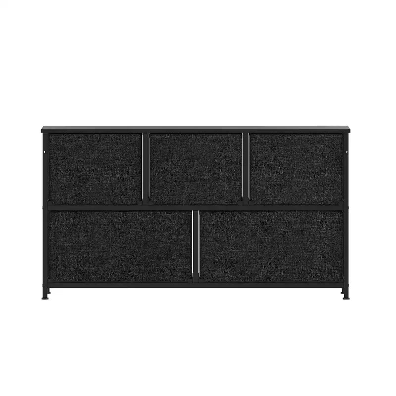 Commode de rangement à 5 tiroirs avec cadre en fonte, plateau en bois et tiroirs en tissu faciles à tirer avec poignées en bois