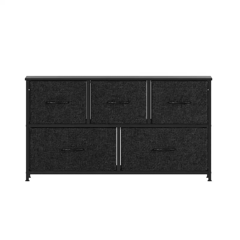 Commode de rangement à 5 tiroirs avec cadre en fonte, plateau en bois et tiroirs en tissu faciles à tirer avec poignées en bois