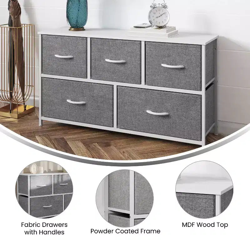 Commode de rangement à 5 tiroirs avec cadre en fonte, plateau en bois et tiroirs en tissu faciles à tirer avec poignées en bois