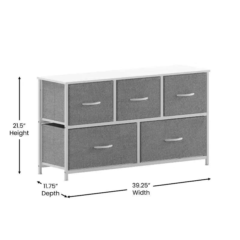 Commode de rangement à 5 tiroirs avec cadre en fonte, plateau en bois et tiroirs en tissu faciles à tirer avec poignées en bois