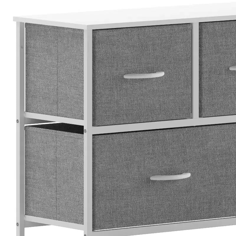 Commode de rangement à 5 tiroirs avec cadre en fonte, plateau en bois et tiroirs en tissu faciles à tirer avec poignées en bois
