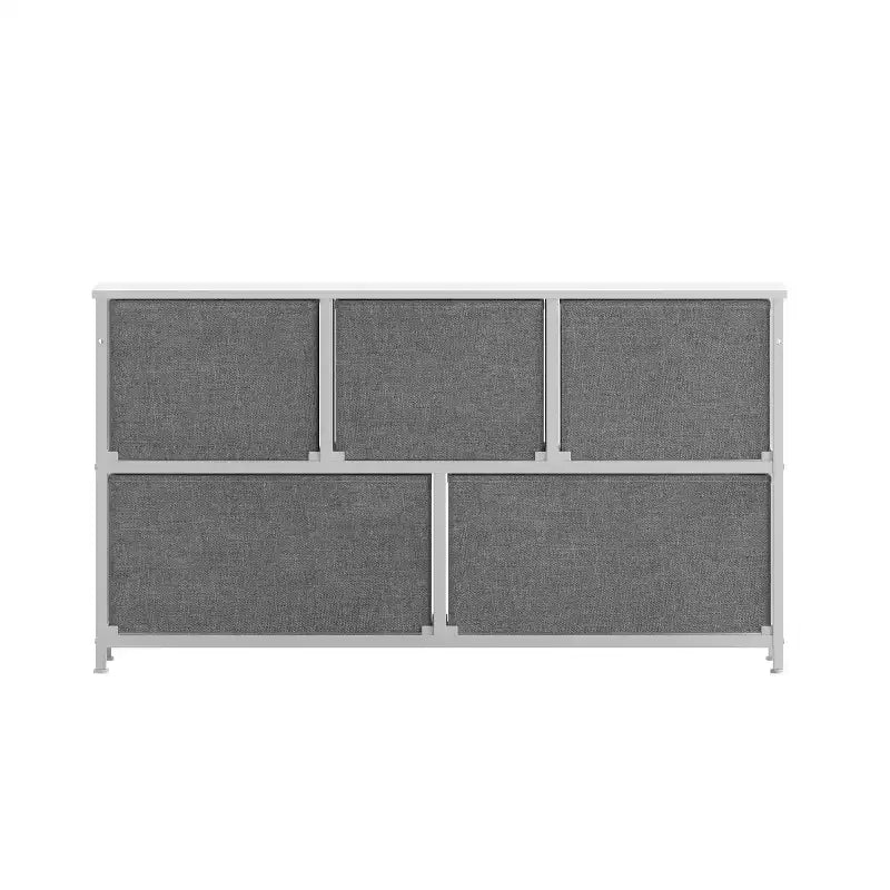 Commode de rangement à 5 tiroirs avec cadre en fonte, plateau en bois et tiroirs en tissu faciles à tirer avec poignées en bois