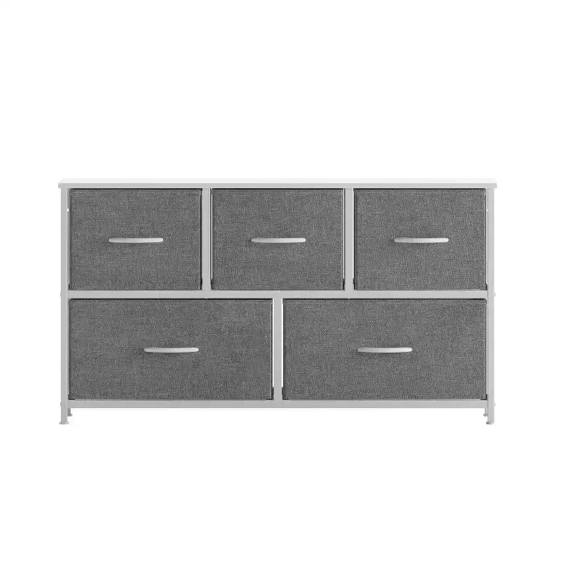 Commode de rangement à 5 tiroirs avec cadre en fonte, plateau en bois et tiroirs en tissu faciles à tirer avec poignées en bois