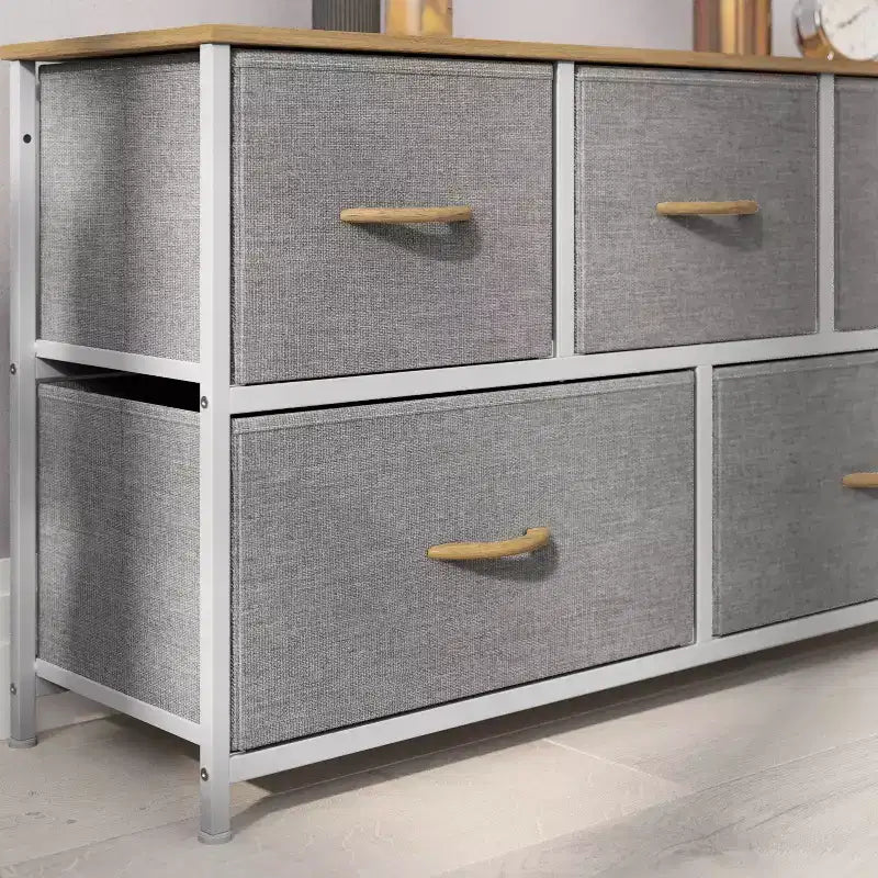 Commode de rangement à 5 tiroirs avec cadre en fonte, plateau en bois et tiroirs en tissu faciles à tirer avec poignées en bois