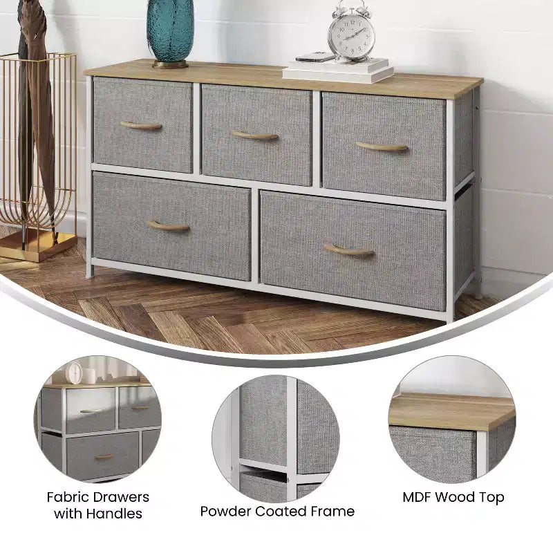 Commode de rangement à 5 tiroirs avec cadre en fonte, plateau en bois et tiroirs en tissu faciles à tirer avec poignées en bois