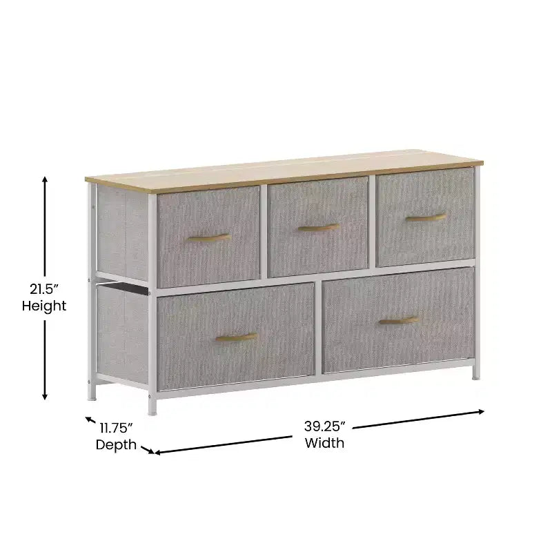 Commode de rangement à 5 tiroirs avec cadre en fonte, plateau en bois et tiroirs en tissu faciles à tirer avec poignées en bois
