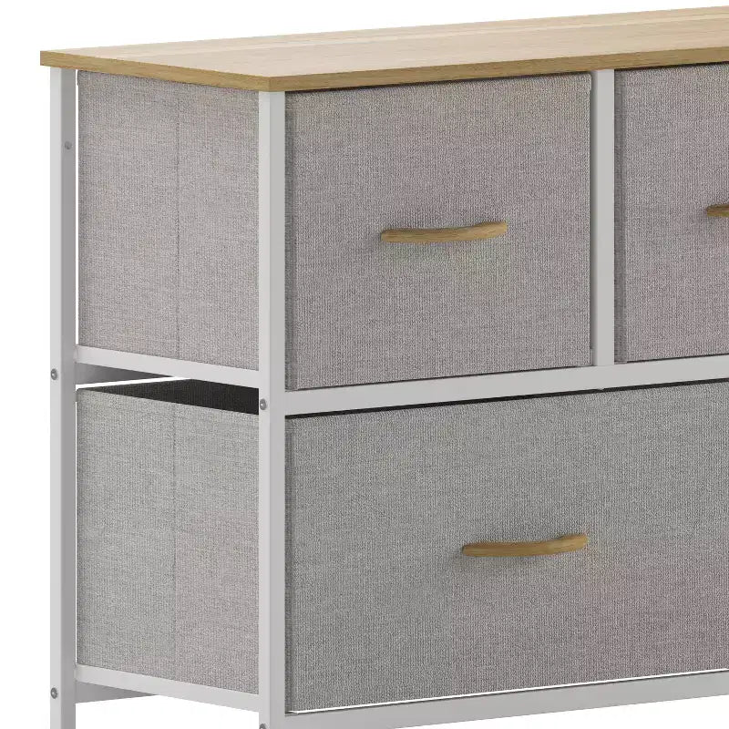 Commode de rangement à 5 tiroirs avec cadre en fonte, plateau en bois et tiroirs en tissu faciles à tirer avec poignées en bois