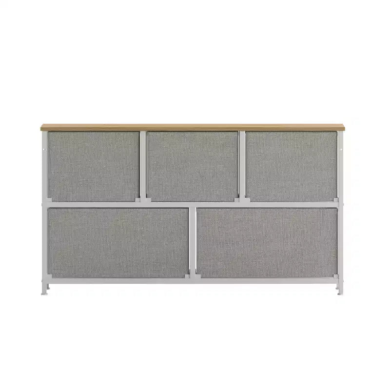 Commode de rangement à 5 tiroirs avec cadre en fonte, plateau en bois et tiroirs en tissu faciles à tirer avec poignées en bois