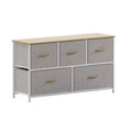 Commode de rangement à 5 tiroirs avec cadre en fonte, plateau en bois et tiroirs en tissu faciles à tirer avec poignées en bois