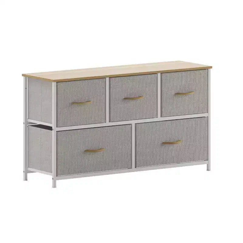 Commode de rangement à 5 tiroirs avec cadre en fonte, plateau en bois et tiroirs en tissu faciles à tirer avec poignées en bois