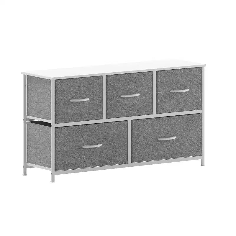 Commode de rangement à 5 tiroirs avec cadre en fonte, plateau en bois et tiroirs en tissu faciles à tirer avec poignées en bois