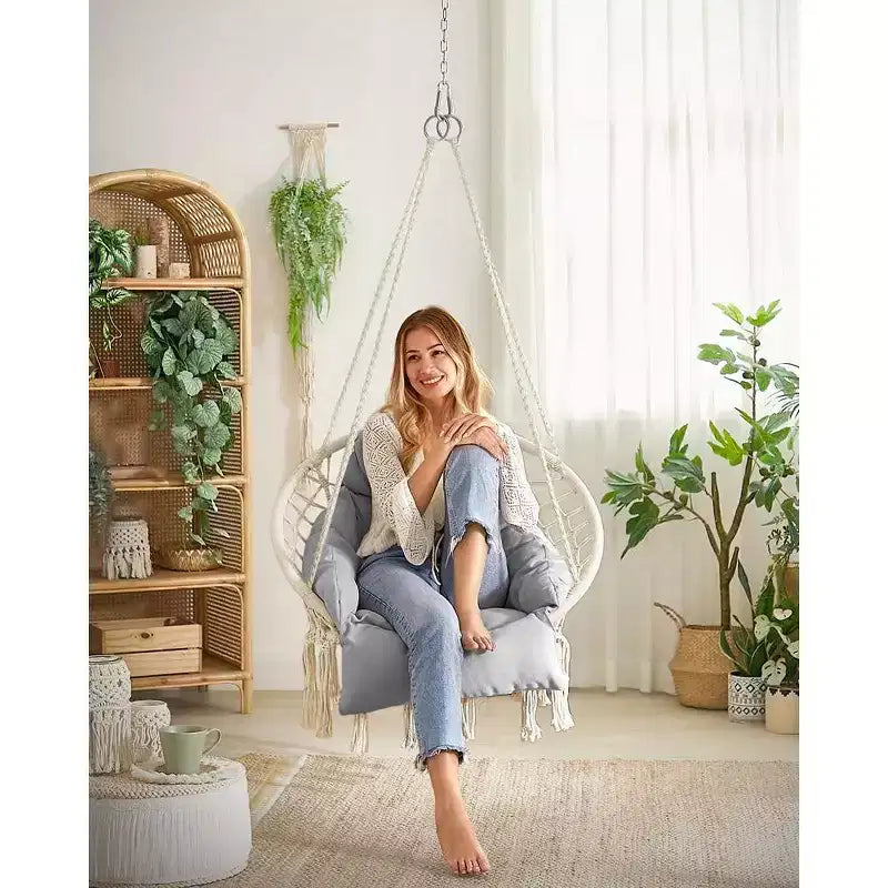 Hanging Chair, Hammock Chair with Large, Thick Cushion, Boho Swing Chair