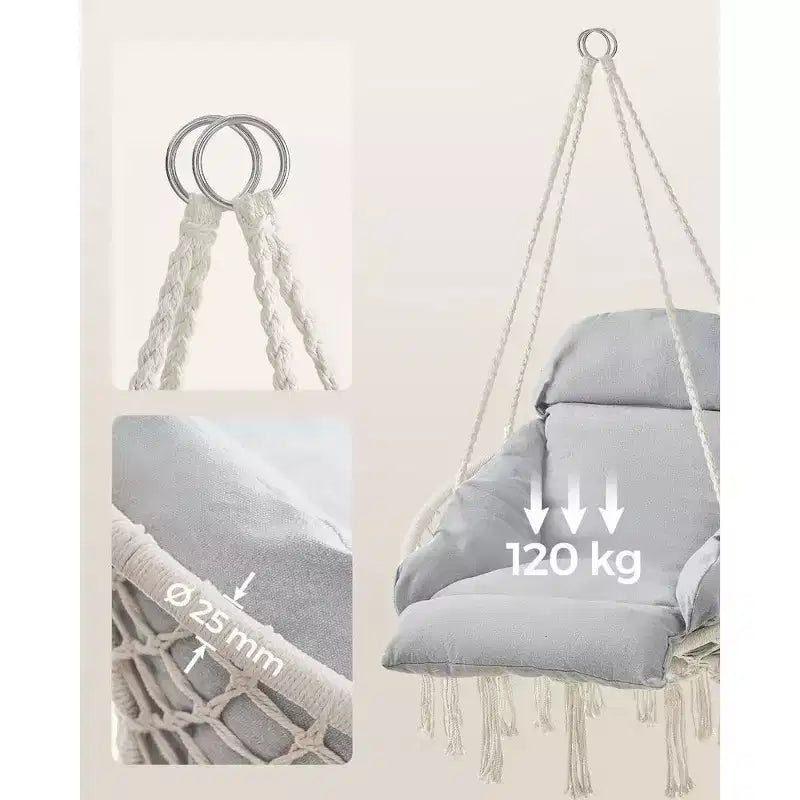Chaise suspendue, chaise hamac avec grand coussin épais, balançoire bohème