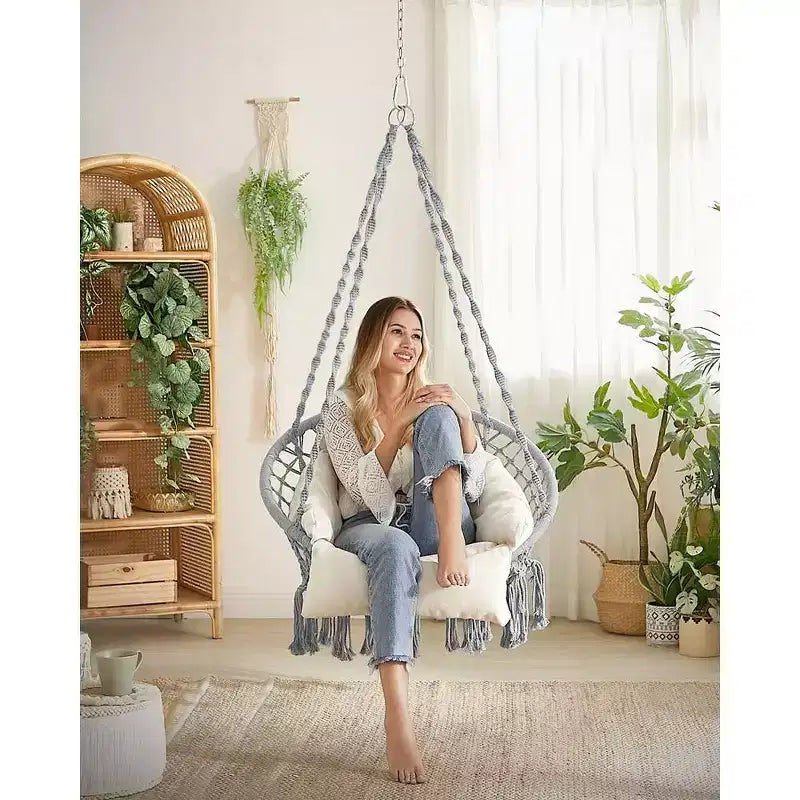 Hanging Chair, Hammock Chair with Large, Thick Cushion, Boho Swing Chair