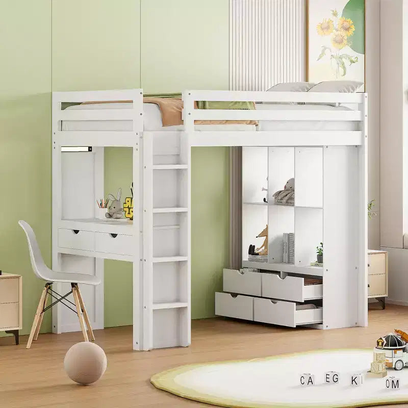 Lit mezzanine double/grand format avec de grandes étagères, un bureau et un éclairage LED