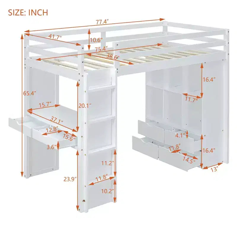 Lit mezzanine double/grand format avec de grandes étagères, un bureau et un éclairage LED