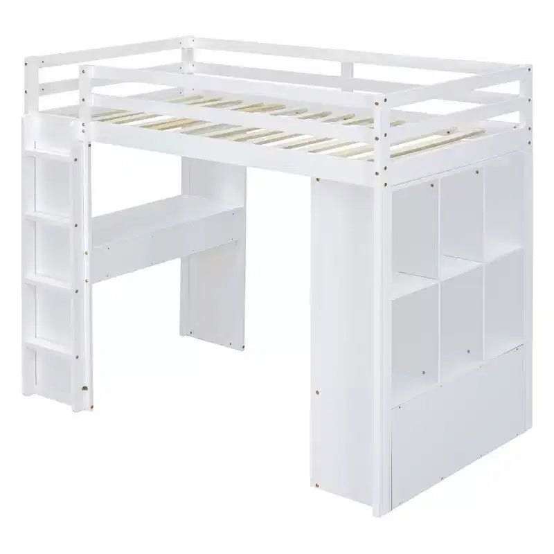Lit mezzanine double/grand format avec de grandes étagères, un bureau et un éclairage LED