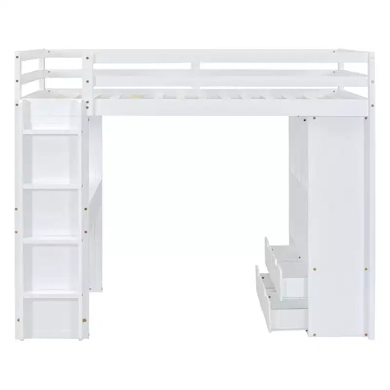 Lit mezzanine double/grand format avec de grandes étagères, un bureau et un éclairage LED