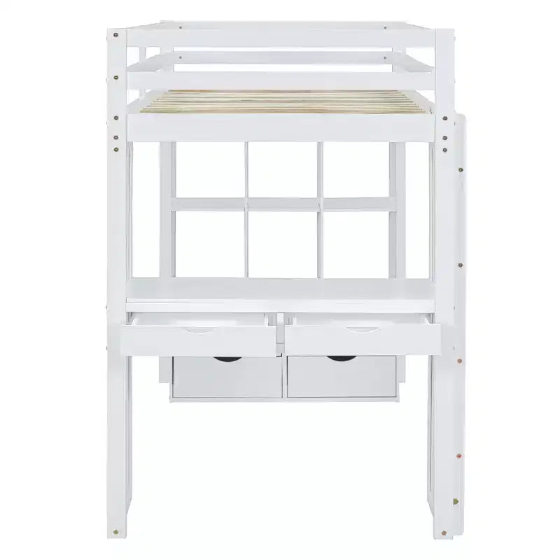 Lit mezzanine double/grand format avec de grandes étagères, un bureau et un éclairage LED