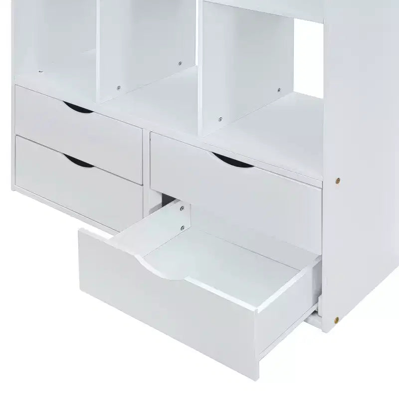Lit mezzanine double/grand format avec de grandes étagères, un bureau et un éclairage LED