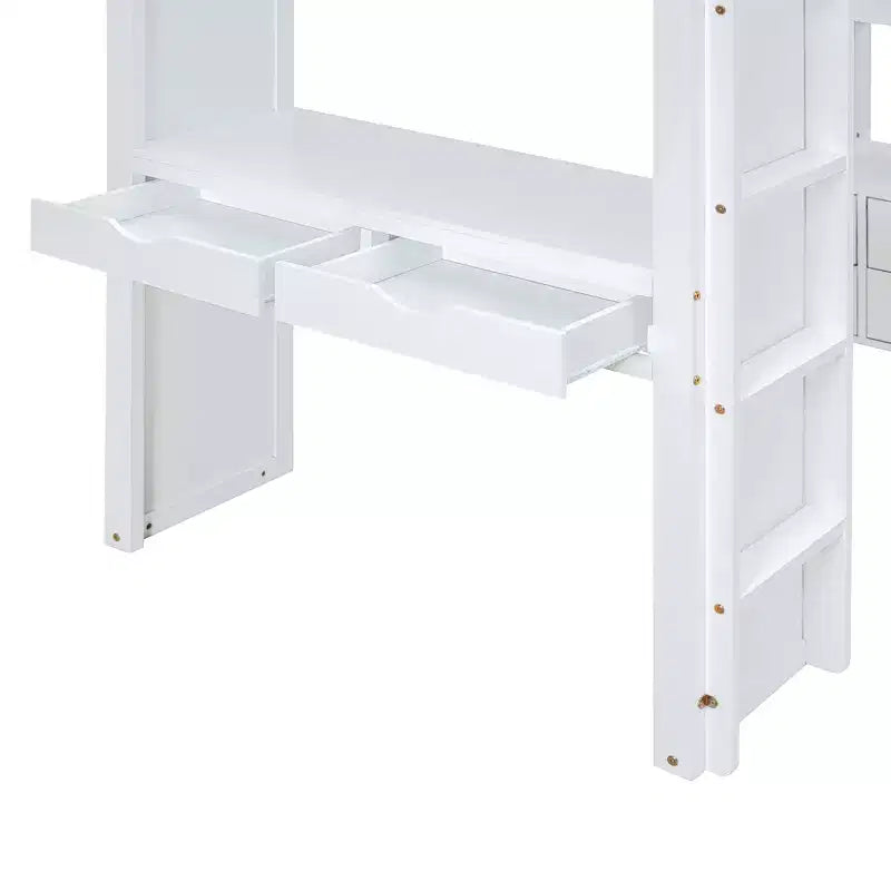 Lit mezzanine double/grand format avec de grandes étagères, un bureau et un éclairage LED
