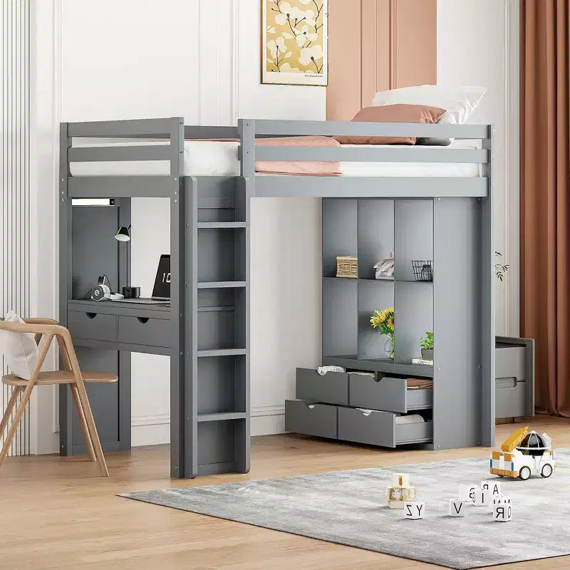Lit mezzanine double/grand format avec de grandes étagères, un bureau et un éclairage LED
