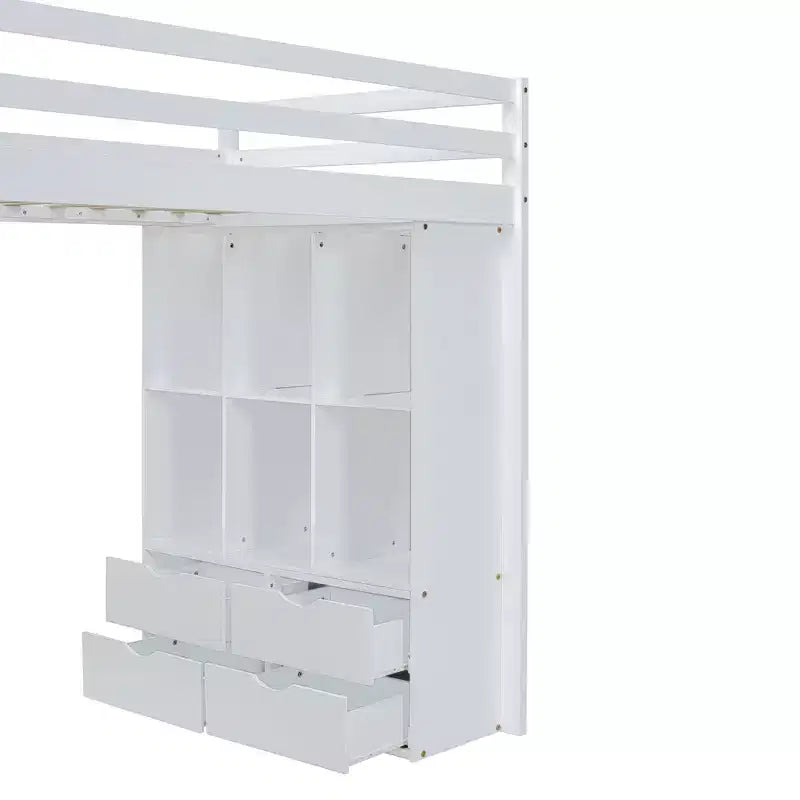 Lit mezzanine double/grand format avec de grandes étagères, un bureau et un éclairage LED